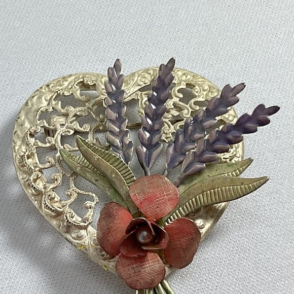 Vintage Open Metal Heart Flower Brooch Pin Pink Purple Cottagecore 2.25" X 1.75" - Picture 5 of 9